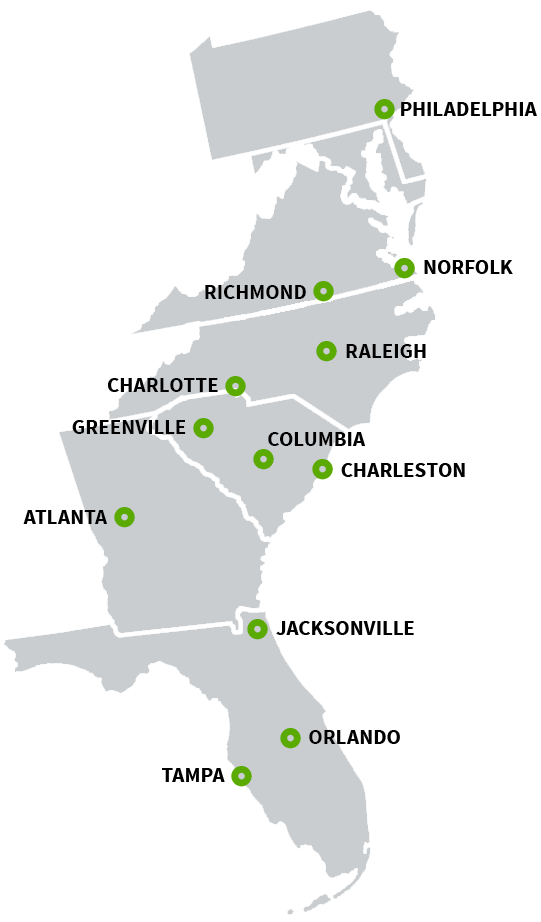 Map of mid-atlantic and southeast of the United States, with location markers for Rockford Capital Partners' 12 target markets.